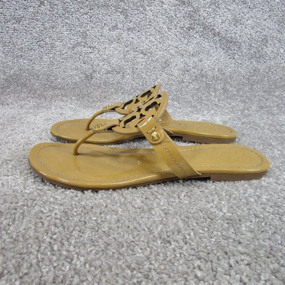 Tory Burch Miller Sandals Womens Size 8.5 Brown Patent Leather Thong Logo - Picture 3 of 7